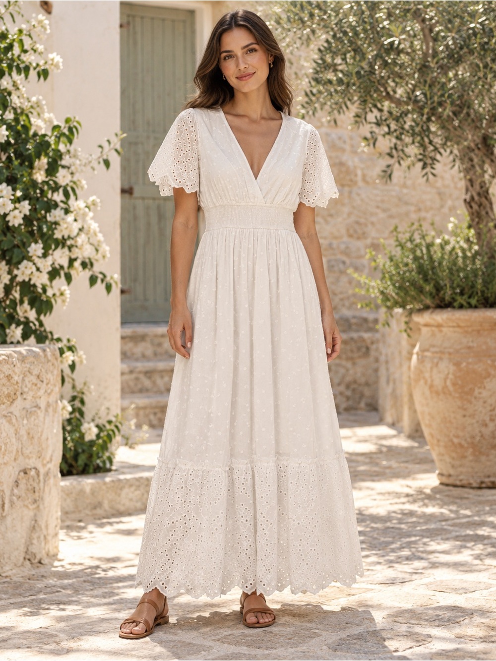 Solitaire White Eyelet Maxi Dress with Smocked Waist 0028